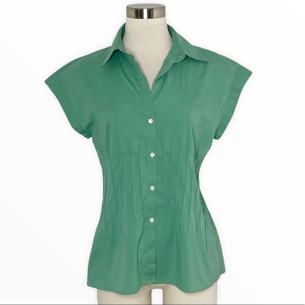 Theory Ashton Luxe Green Pleated Button Top